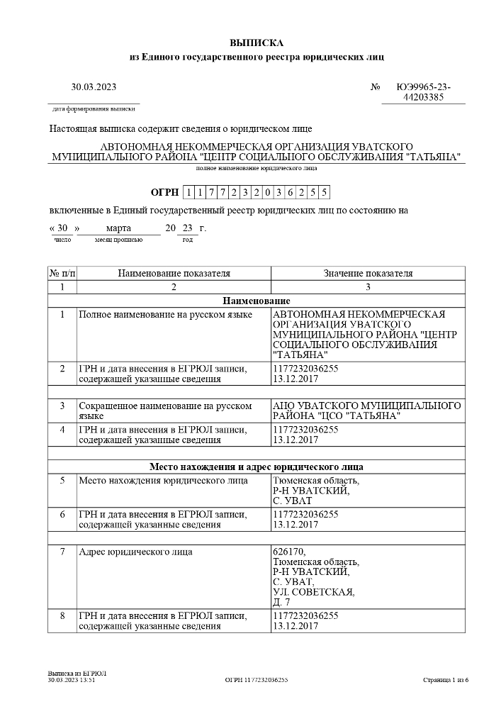 Выписка из Единого государственного реестра юридических лиц от 30.03.2023